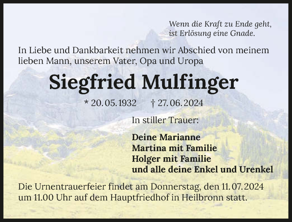  Traueranzeige für Siegfried Mulfinger vom 06.07.2024 aus GESAMT