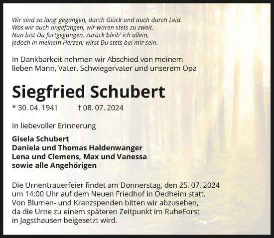 Traueranzeige von Siegfried Schubert von GESAMT