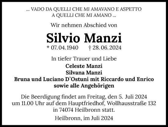 Traueranzeige von Silvio Manzi von GESAMT