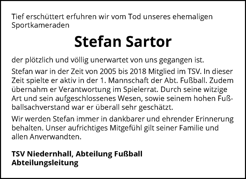  Traueranzeige für Stefan Sartor vom 09.07.2024 aus GESAMT