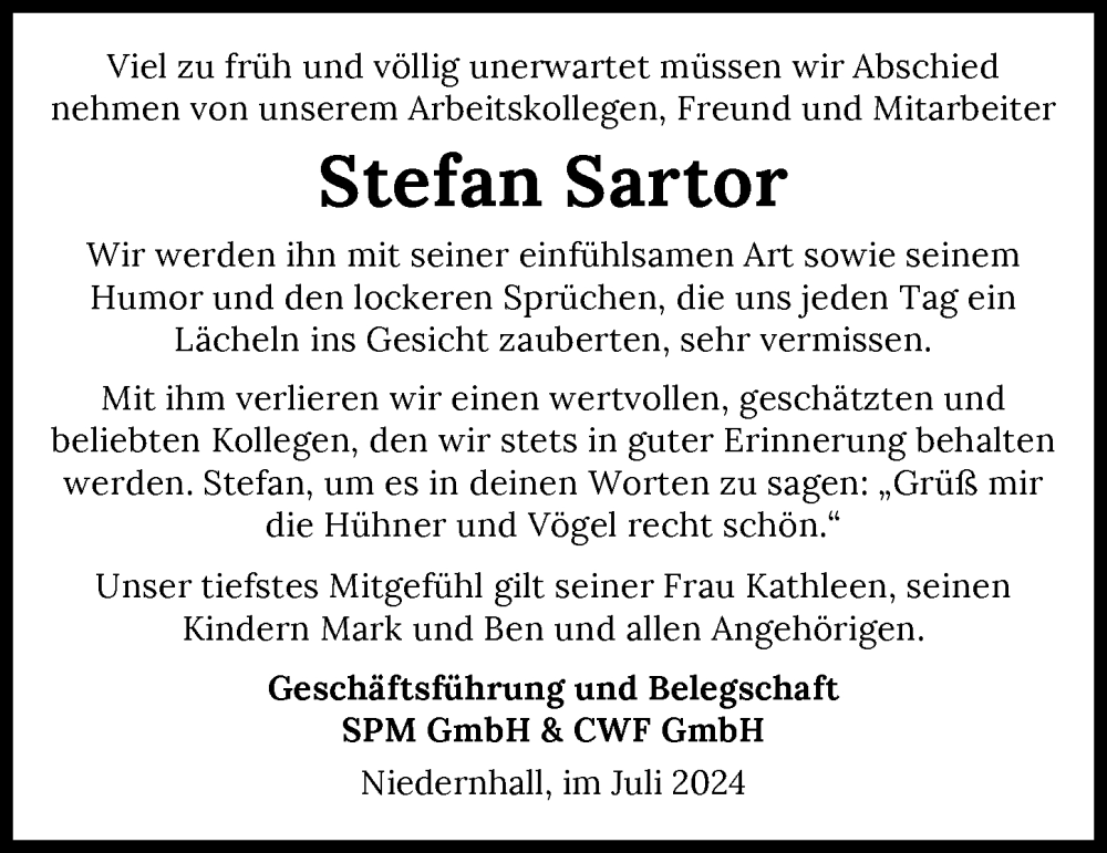  Traueranzeige für Stefan Sartor vom 10.07.2024 aus GESAMT