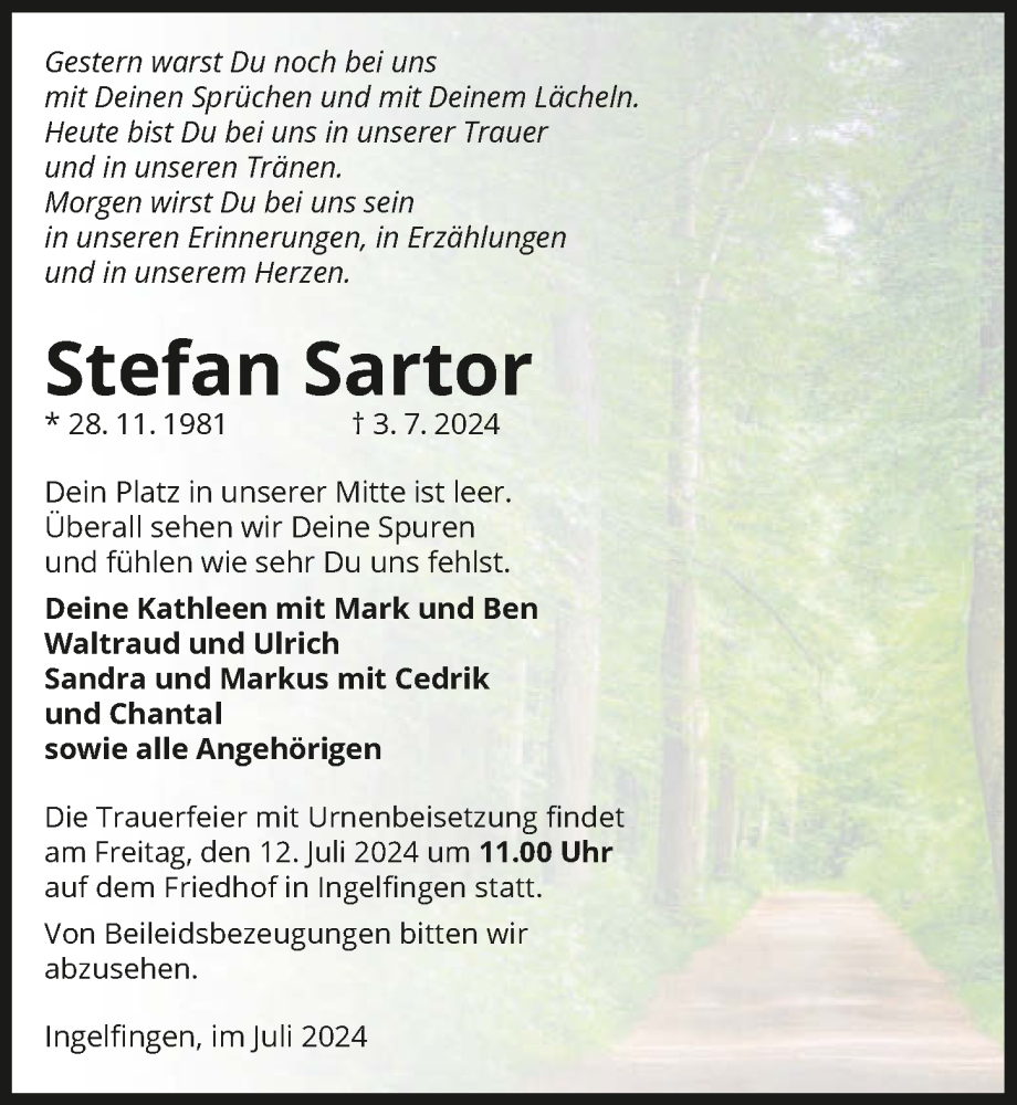  Traueranzeige für Stefan Sartor vom 06.07.2024 aus GESAMT