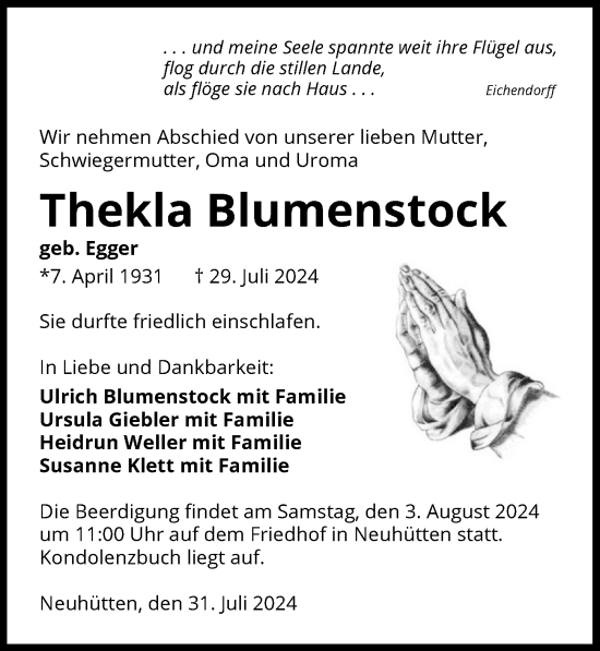 Traueranzeige von Thekla Blumenstock von GESAMT