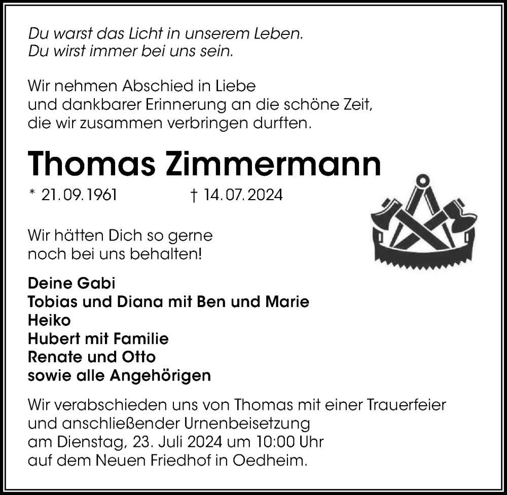 Traueranzeige für Thomas Zimmermann vom 20.07.2024 aus GESAMT
