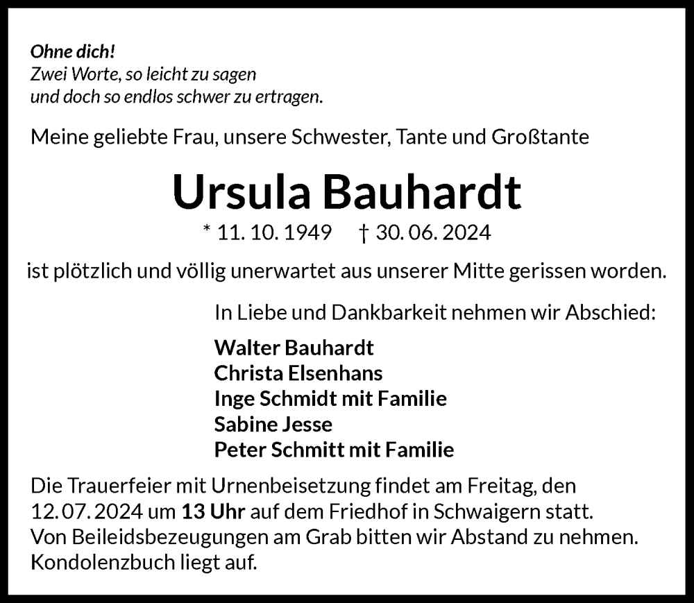  Traueranzeige für Ursula Bauhardt vom 06.07.2024 aus GESAMT