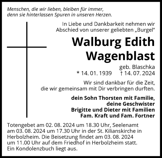 Traueranzeige von Walburg Edith Wagenblast von GESAMT
