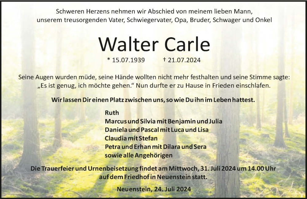  Traueranzeige für Walter Carle vom 24.07.2024 aus GESAMT
