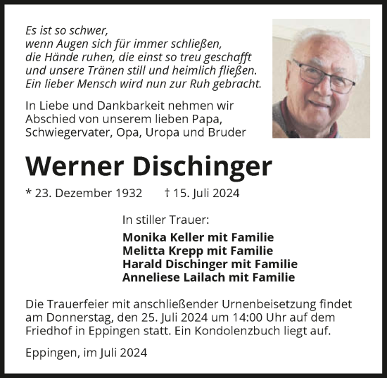 Traueranzeige von Werner Dischinger von GESAMT