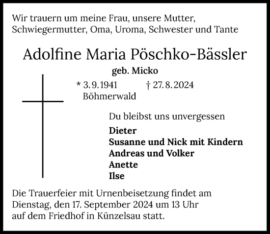 Traueranzeige von Adolfine Maria Pöschko-Bässler von GESAMT