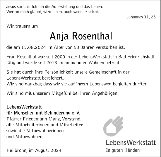 Traueranzeige von Anja Rosenthal von GESAMT