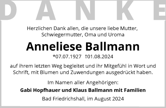 Traueranzeige von Anneliese Ballmann von GESAMT