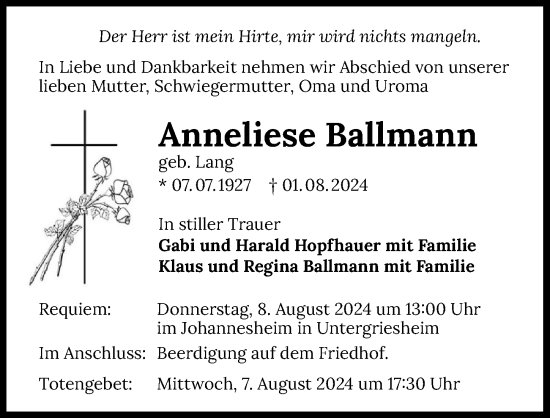 Traueranzeige von Anneliese Ballmann von GESAMT