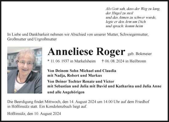 Traueranzeige von Anneliese Roger von GESAMT