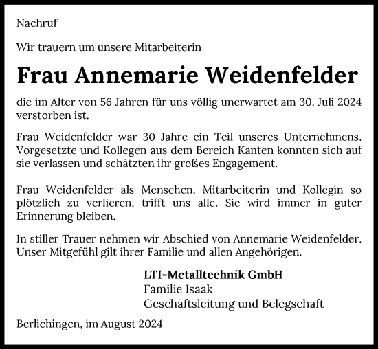 Traueranzeige von Annemarie Weidenfelder von GESAMT