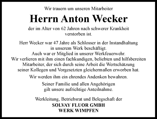 Traueranzeige von Anton Wecker von GESAMT