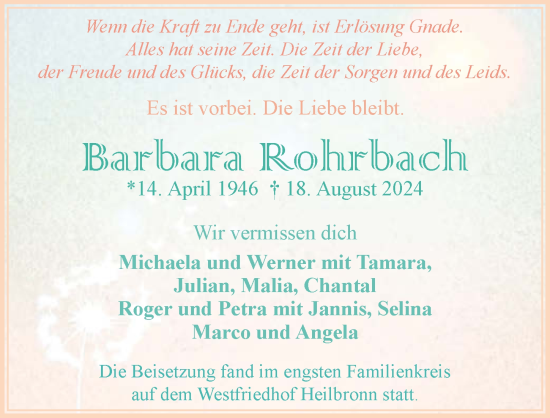 Traueranzeige von Barbara Rohrbach von GESAMT