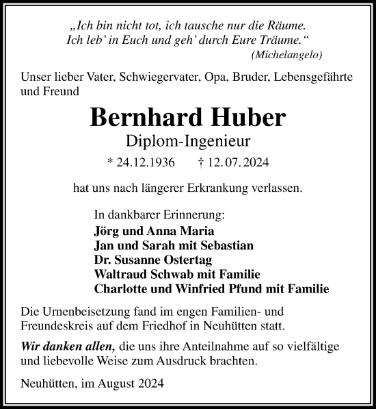 Traueranzeige von Bernhard Huber von GESAMT