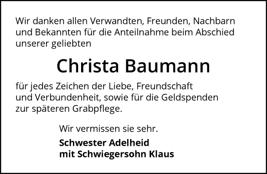 Traueranzeige von Christa Baumann von GESAMT