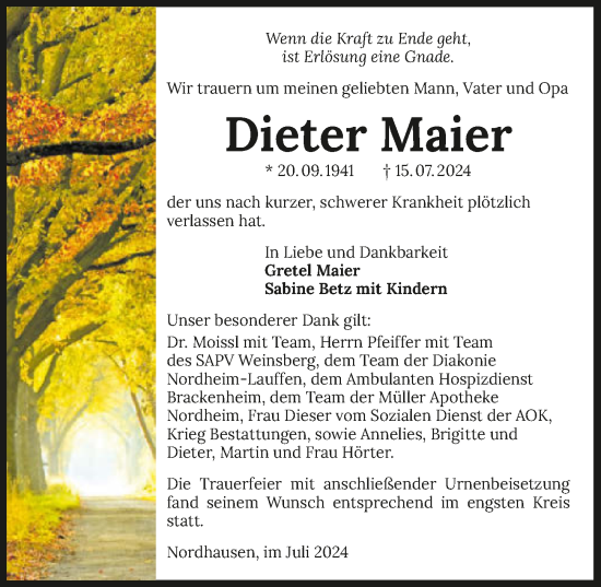 Traueranzeige von Dieter Maier von GESAMT