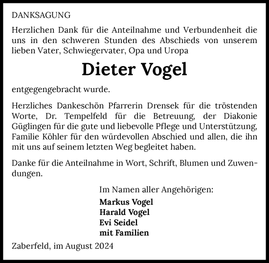 Traueranzeige von Dieter Vogel von GESAMT