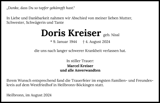 Traueranzeige von Doris Kreiser von GESAMT