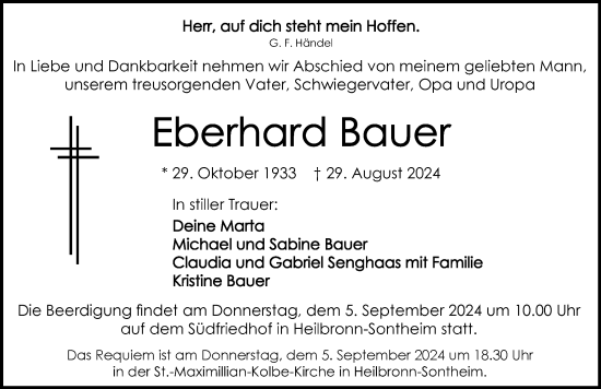 Traueranzeige von Eberhard Bauer von GESAMT