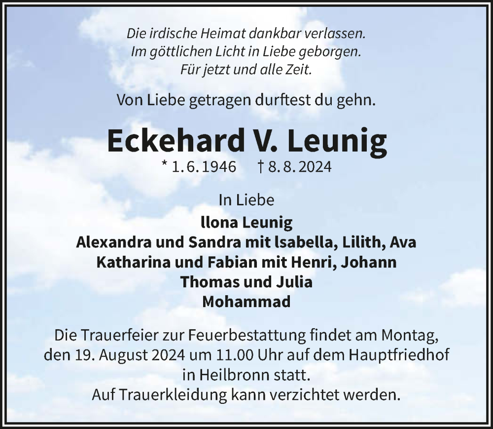  Traueranzeige für Eckehard V. Leunig vom 10.08.2024 aus GESAMT