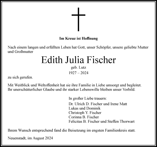 Traueranzeige von Edith Julia Fischer von GESAMT