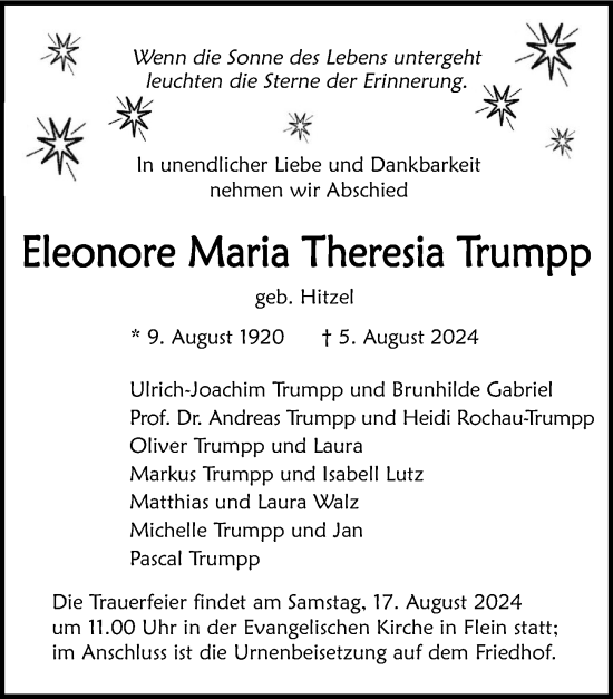 Traueranzeige von Eleonore Maria Theresia Trumpp von GESAMT