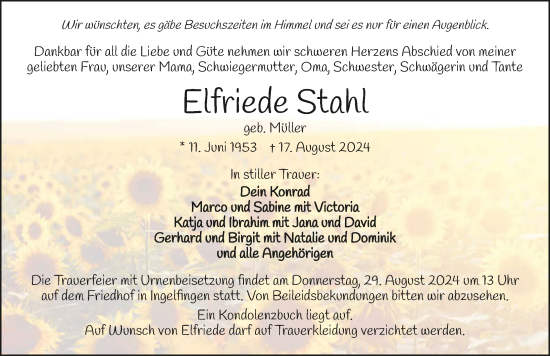 Traueranzeige von Elfriede Stahl von GESAMT