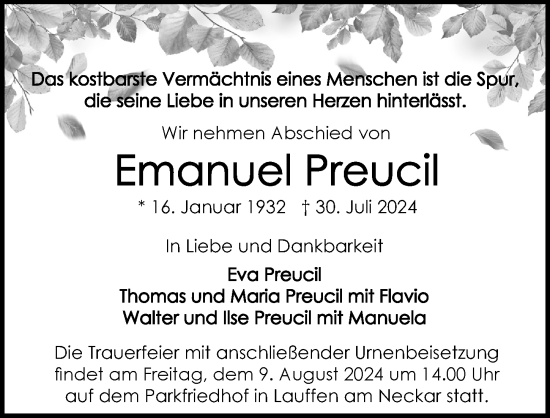 Traueranzeige von Emanuel Preucil von GESAMT