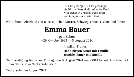 Traueranzeige von Emma Bauer von GESAMT