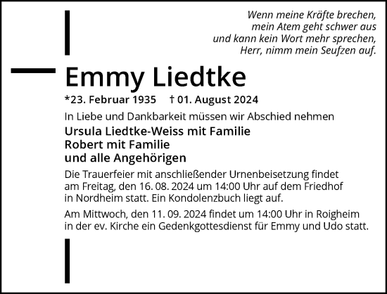 Traueranzeige von Emmy Liedtke von GESAMT