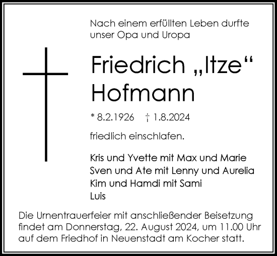 Traueranzeige von Friedrich Hofmann von GESAMT