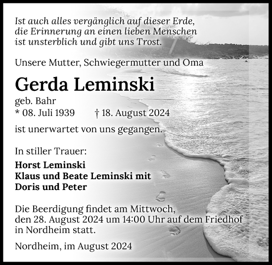 Traueranzeige von Gerda Leminski von GESAMT