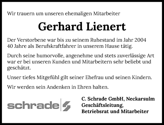 Traueranzeige von Gerhard Lienert von GESAMT