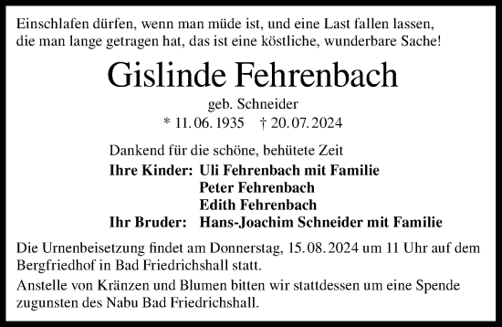 Traueranzeige von Gislinde Fehrenbach von GESAMT