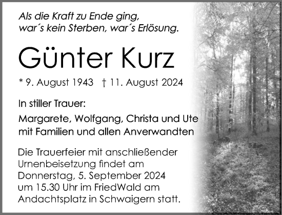 Traueranzeige von Günter Kurz von GESAMT