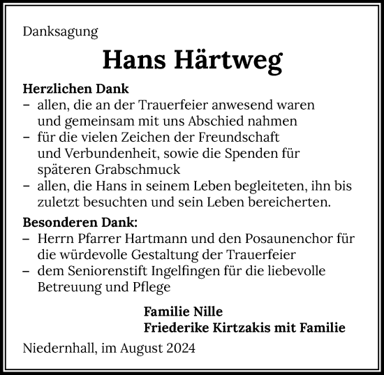 Traueranzeige von Hans Härtweg von GESAMT