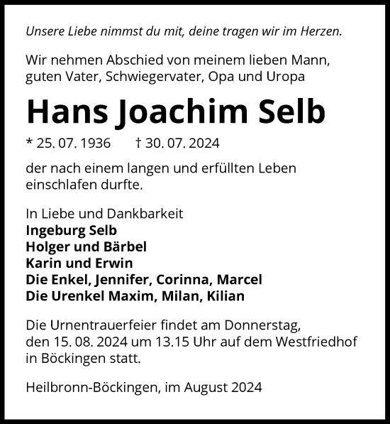 Traueranzeige von Hans Joachim Selb von GESAMT