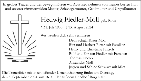 Traueranzeige von Hedwig Fiedler-Moll von GESAMT