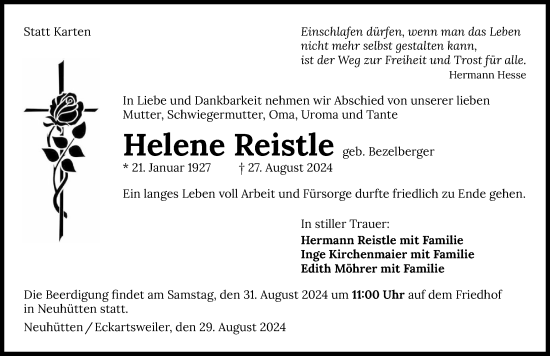 Traueranzeige von Helene Reistle von GESAMT