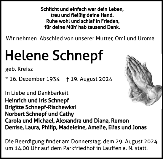 Traueranzeige von Helene Schnepf von GESAMT