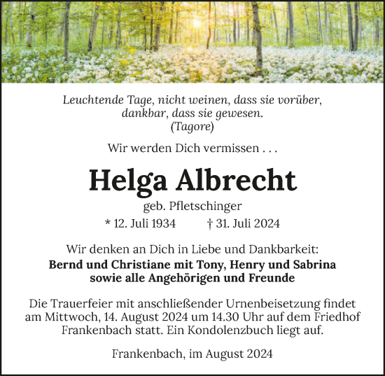 Traueranzeige von Helga Albrecht von GESAMT