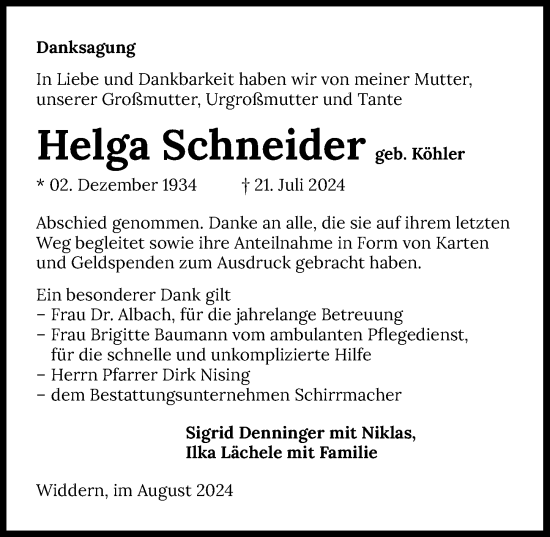 Traueranzeige von Helga Schneider von GESAMT