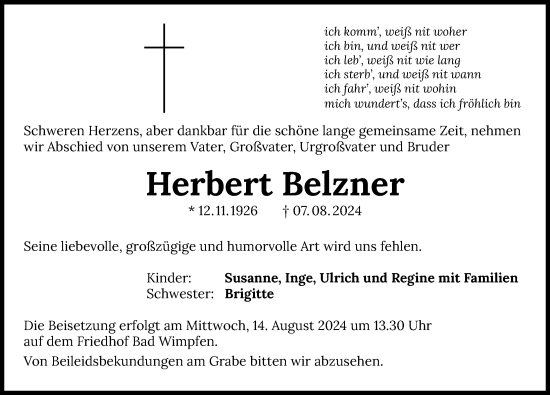 Traueranzeige von Herbert Belzner von GESAMT