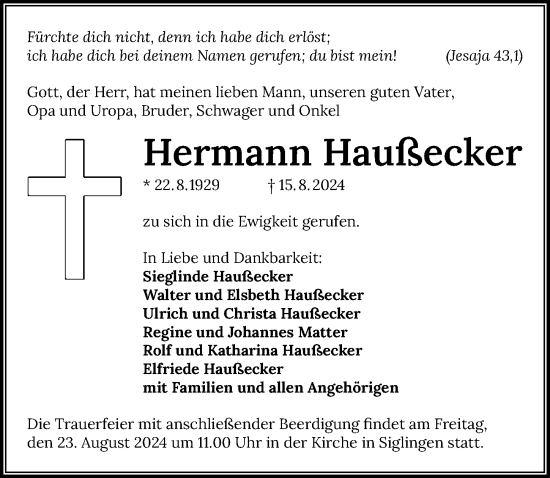 Traueranzeige von Hermann Haußecker von GESAMT