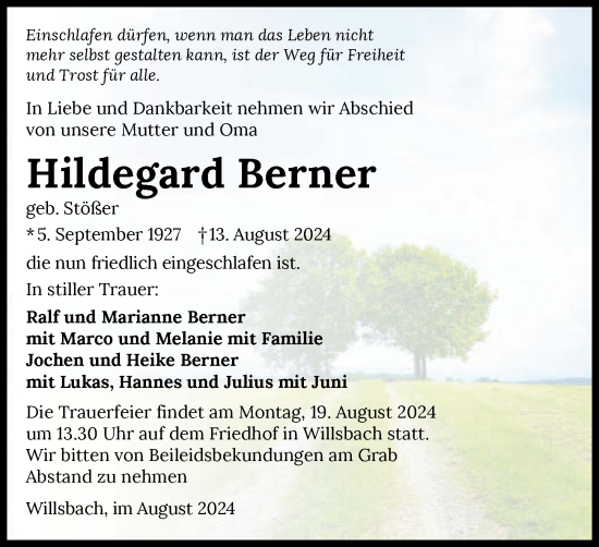 Traueranzeige von Hildegard Berner von GESAMT