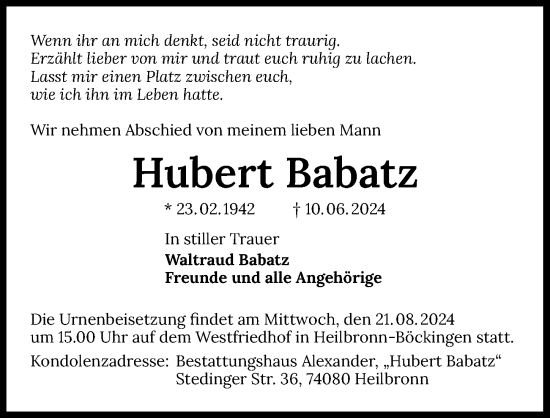 Traueranzeige von Hubert Babatz von GESAMT