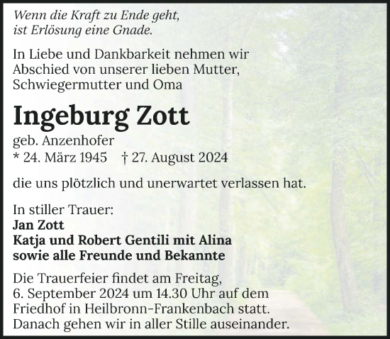 Traueranzeige von Ingeburg Zott von GESAMT